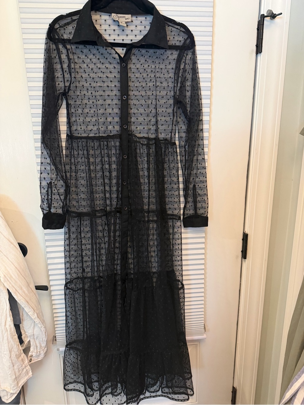 Spoon Sheer Black Polka Dot Tiered Maxi Dress kimono duster